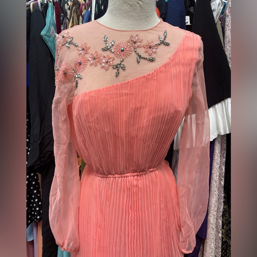 Vintage Jack Bryan 1970's Beaded Floral Flowy Chiffon Dress Size 12 Coral Pink